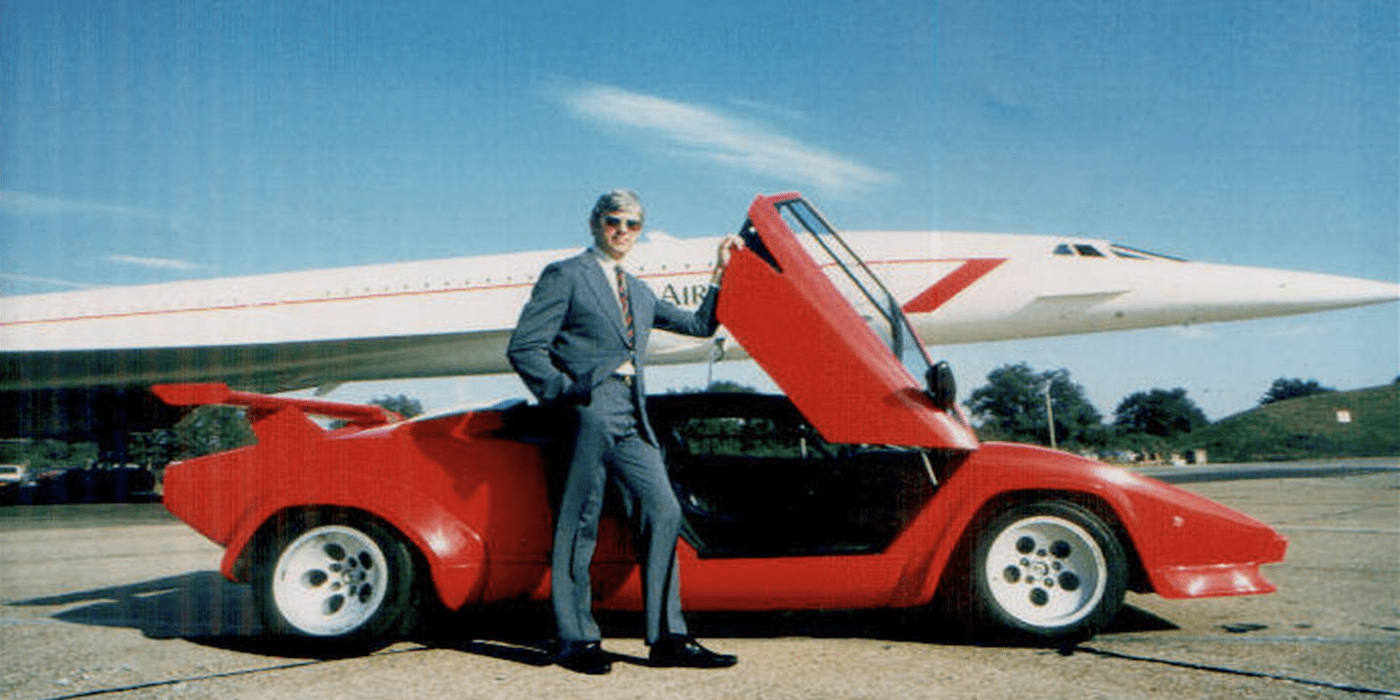 fred finn, the world's most frequent flyer, with a lamborghini and concorde