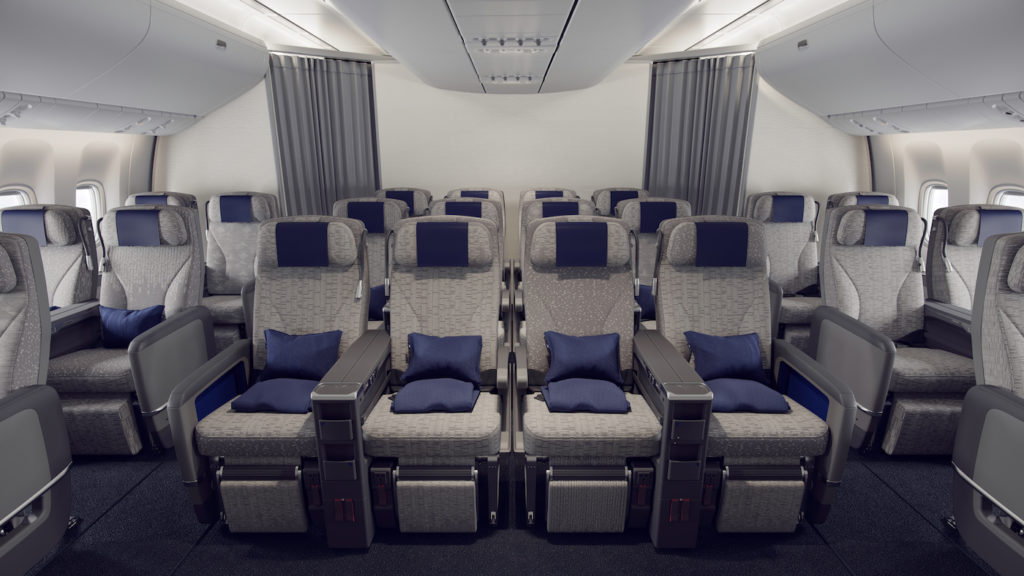 The non-repeating seat cover patterns are more subtle in the 24-seat premium economy cabin