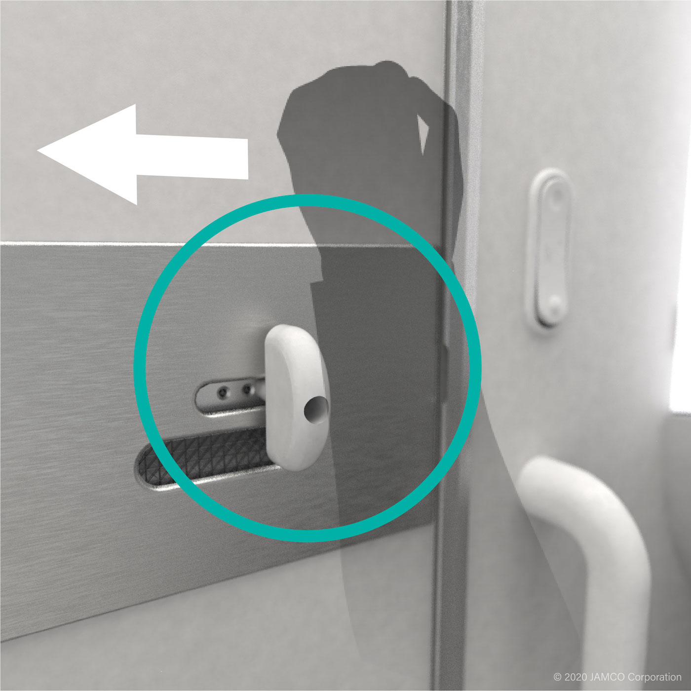 The lavatory door lock knob can also be operated using the forearm