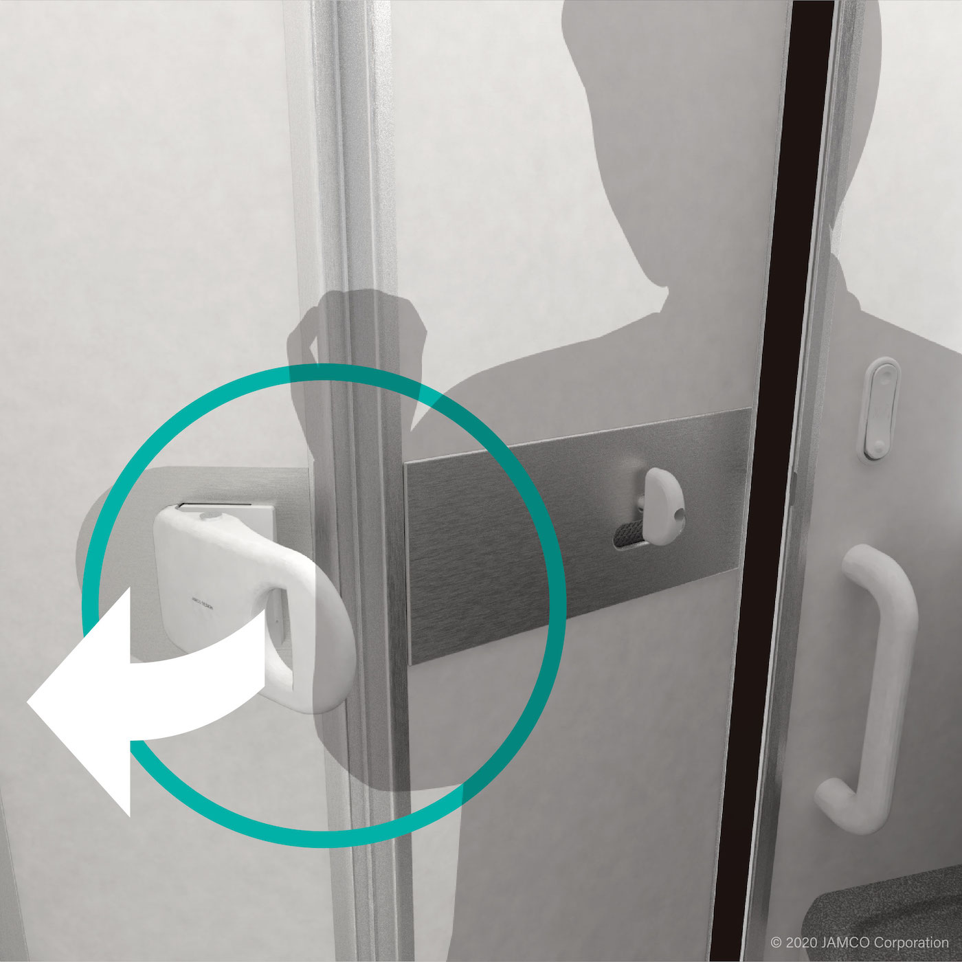 The lavatory door handle can be operated using the forearm