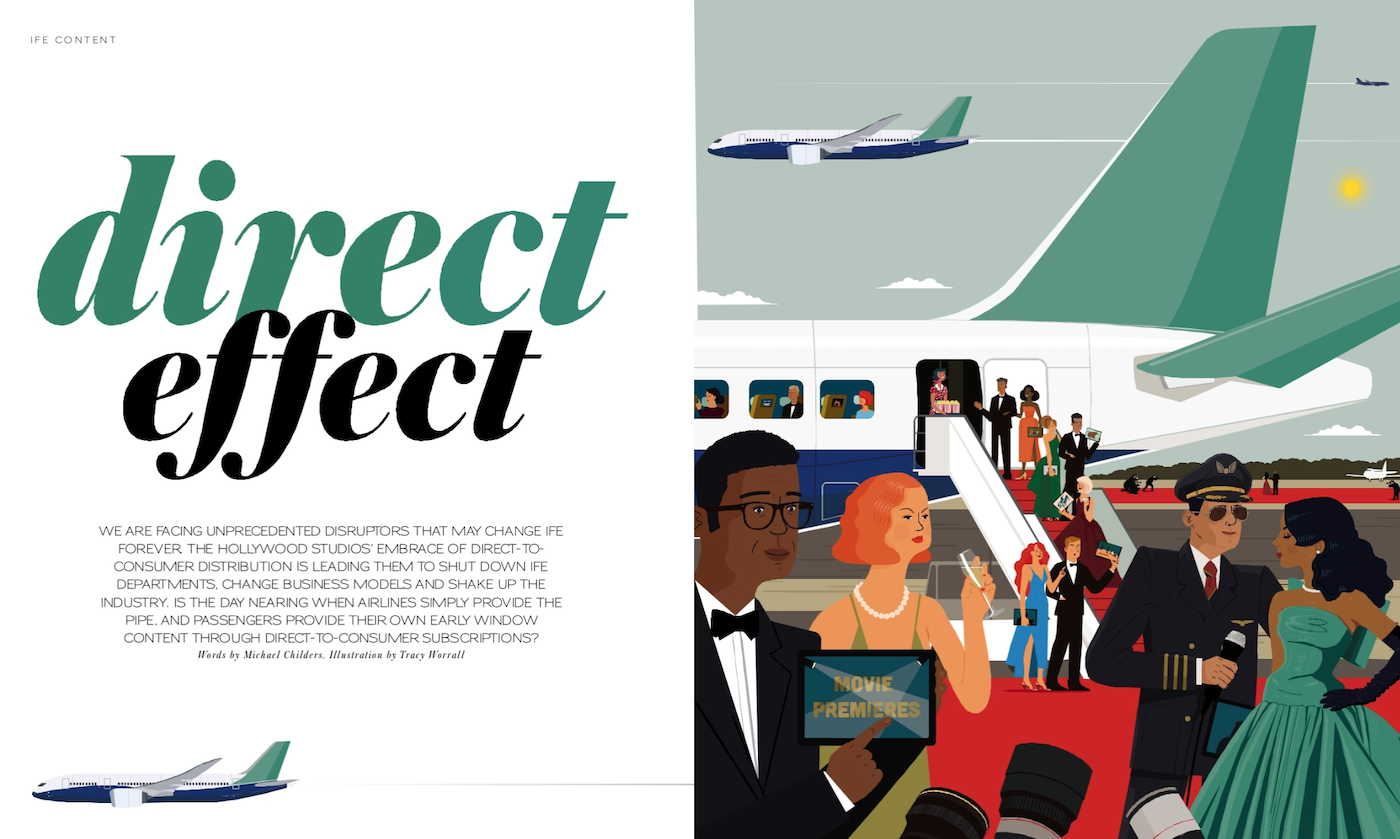 a screenshot of the magazine spread, showing passengers attending a movie premiere outside an aeroplane