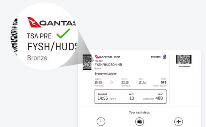 A Qantas boarding pass with the TSA PreCheck mark in the upper left corner highlighted